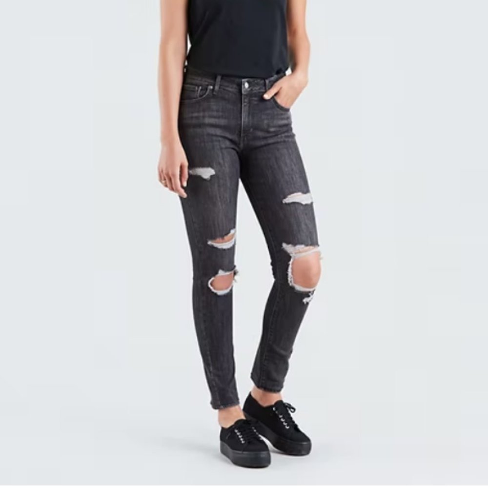 Levi’s 721 High Rise Distressed Ripped Skinny Jeans Black Wash Sz 28